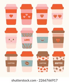 Set of coffee cups. Coffee take away vector illustration. Paper cup	
