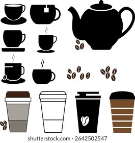 conjunto de xícaras de café, bules de chá e canecas silhueta vetor 