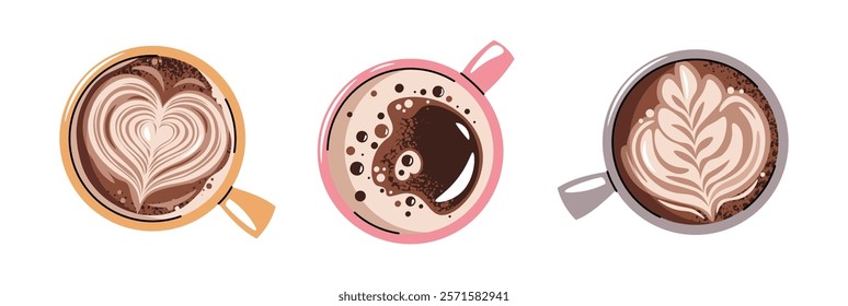 Set of coffee cups, top view. Latte, cappuccino, americano. Hot coffee drink with pattern in mug. Flat cartoon illustration on white background