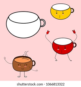 Set of coffee cups, various face patterns on a white background.