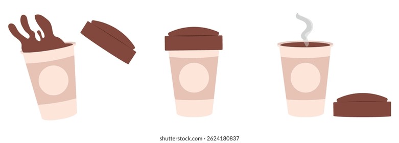 Conjunto de xícaras de café em várias posições, ilustração vetorial.