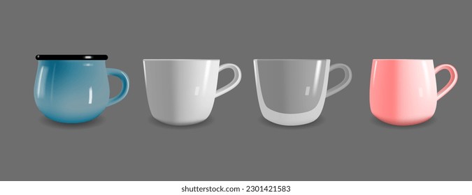 Set of coffee cups in various shape. Isolated vector 3D objects on white background