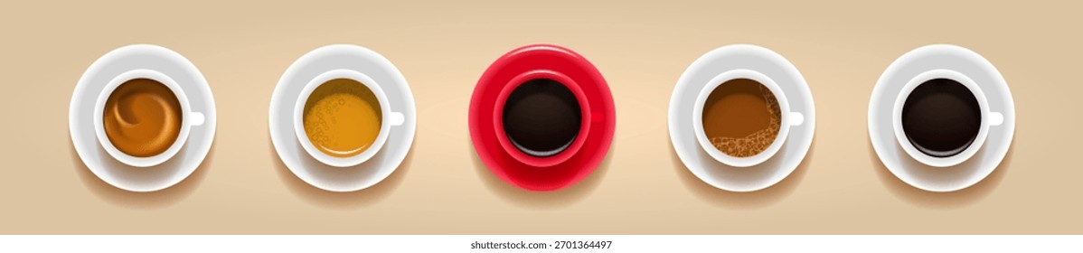 Set of coffee cups with various types of coffee. Top view. Vector objects