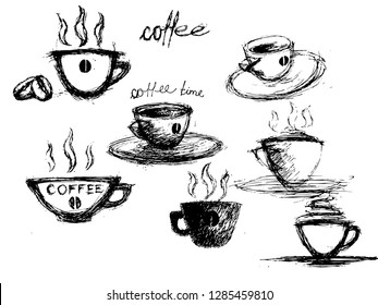 set of coffee cups,grunge sketch,handwritten lettering design elements