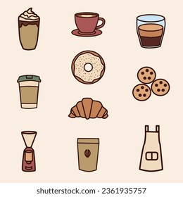 Set of Coffee Cute Flat Line Illustration