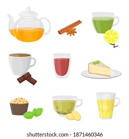 Set of coffee and deserts. Vector illustration isolated on white background.