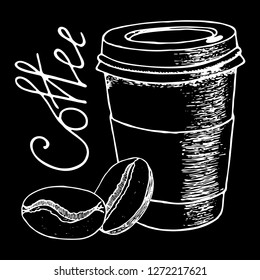 Set of coffee design elements. White contour hand drawn sketch. Vector illustration isolated on black background. Can be used for cards, invitations, print, scrap, menu.