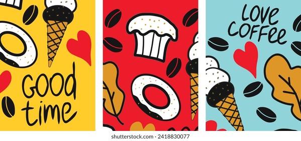 Set of coffee design posters. Hand drawn, set of color cards template for poster, banner, flyer, menu for cafe and restaurant. Vector drawing, design elements. Doodle.