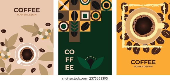 Set of coffee design posters. Poster template, coffee tones, geometric pattern. Vector drawing, design elements.