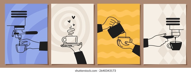 Set of coffee designs, hands making coffee on minimal background for posters, invitations, covers, menus and other templates. Vector illustration in doodle style