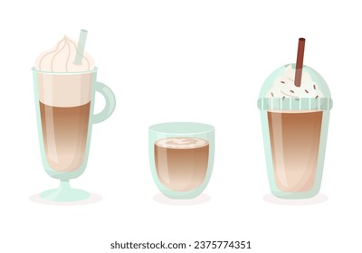Set de bebidas de postre de café en estilo plano sobre un fondo aislado. Latte, cappuccino, mocha, frappe.