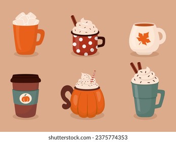 Set of coffee dessert drinks in mug, isolated in flat style. Pumpkin spice latte, tea, cappuccino with cream and zephyr.