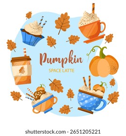 Set of coffee dessert drinks in a mug. Vector illustration isolated on white background. Pumpkin spice latte, tea, cappuccino with cream and cupcake