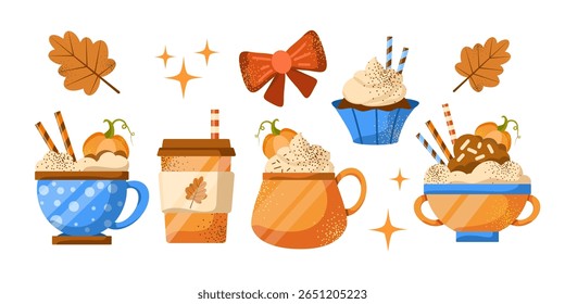 Set of coffee dessert drinks in a mug. Vector illustration isolated on white background. Pumpkin spice latte, tea, cappuccino with cream and cupcake