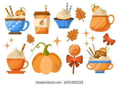 Set of coffee dessert drinks in a mug. Vector illustration isolated on white background. Pumpkin spice latte, tea, cappuccino with cream and cupcake
