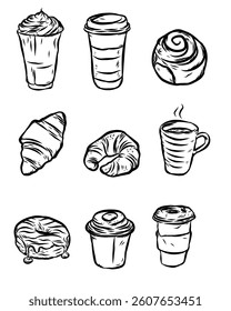 Set of coffee and dessert hand drawn illustration