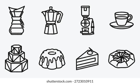 Conjunto de ícones de café e sobremesa, incluindo cafeteira e xícara isolada no fundo cinza claro