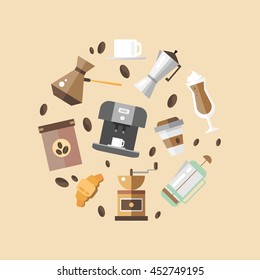 Set of coffee devices for shop in flat style. Appliances for making coffee - stock vector illustration.