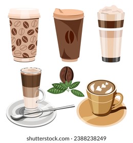 Set Kaffee in verschiedenen Gläsern.einzeln auf weißem Hintergrund.Vektor-Kollektion von appetitanregenden Kaffee für Cafés, Restaurants, Textilien.