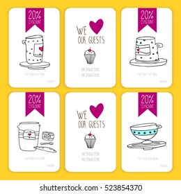 set of coffee discount cards. template for your design. Stylized cups