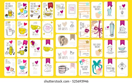 set of coffee discount cards. template for your design. Stylized cups.