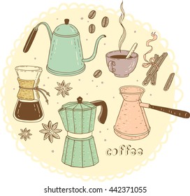Set of coffee dishes, coffee beans, cinnamon and star anise