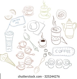 Set of coffee dishes, cakes, pastries. Concept for coffee, Coffee shop, price lists and registration cards, a series of notebooks, booklets, linen, fabrics, linings of bags, napkins and more. Vector