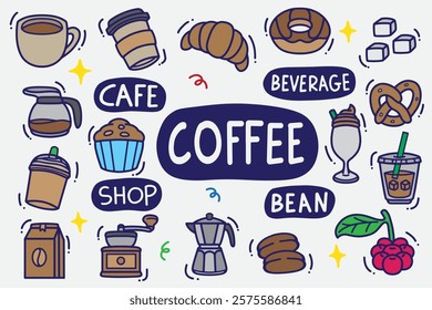 set of coffee doodle with color good for background, wallpaper, element design, print design, etc