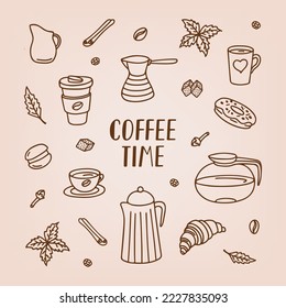 Set of coffee doodle with lettering. Hand drawn vector illustration of cup of coffee, croissant, bagel, macaroni and other dishes for coffee break. Good for menu and cafe design.