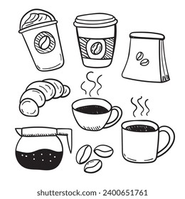 Set of coffee doodles with black and white color. Hand-drawn coffee illustrations on a white background