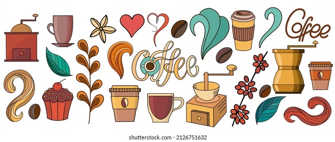 A set of coffee drawings, handmade doodles. Inscriptions of coffee, leaves, grains, heart, coffee grinders, cups.