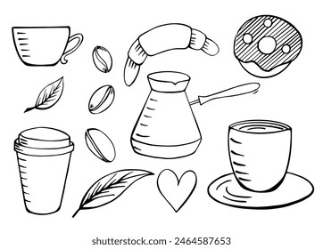 A set of coffee drawings, handmade doodles. Inscriptions of coffee, leaves, grains, heart, croissant, donut, cups.