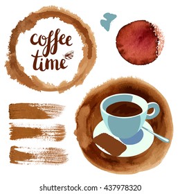 A set of coffee drawings for menu design: a texture stain; a cup of mocca with a cookie; the words 'coffee time', handwritten in brush lettering; brush strokes for headers; scalable vector graphic