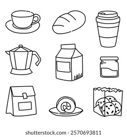 set of coffee drink icons hand drawn, doodle drawing elements, vector illustrations. coffee brewing equipment, beans, cup, kettle, milk, beard, for t-shirt design, menu restaurant, coloring, website