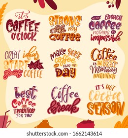 Set of coffee drink quotes. Cafe modern calligraphy with doodle elements. Promotion motivation graphic design. Vector illustration.