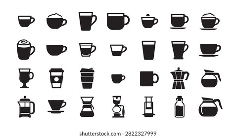 Set of coffee drink vessels and brewing equipment silhouettes with beverage