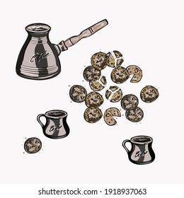 Set for coffee drinking. Oatmeal cookies with chocolate. Coffee pot, porcelain cups, sugar, coffee beans, bamboo cloth, napkins. Pastel browns. Isolated vector objects.