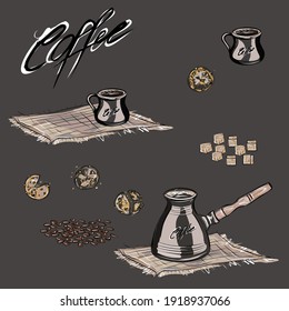 Set for coffee drinking. Oatmeal cookies with chocolate. Coffee pot, porcelain cups, sugar, coffee beans, bamboo cloth, napkins. Pastel browns. Isolated vector objects.