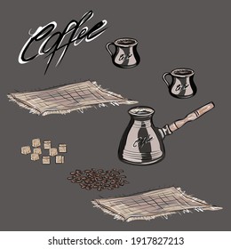 Set for coffee drinking. Coffee set. Coffee pot, porcelain cups, sugar, coffee beans, bamboo cloth, napkins. Pastel browns. Isolated vector objects.