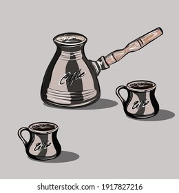 Set for coffee drinking. Coffee set. Coffee pot, porcelain cups, sugar, coffee beans, bamboo cloth, napkins. Pastel browns. Isolated vector objects.
