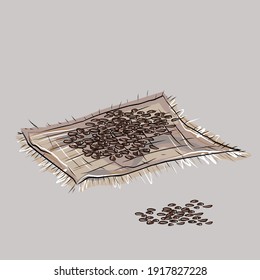 Set for coffee drinking. Coffee set. Coffee pot, porcelain cups, sugar, coffee beans, bamboo cloth, napkins. Pastel browns. Isolated vector objects.
