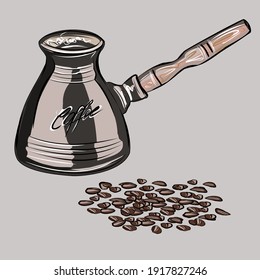 Set for coffee drinking. Coffee set. Coffee pot, porcelain cups, sugar, coffee beans, bamboo cloth, napkins. Pastel browns. Isolated vector objects.