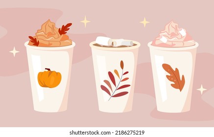 A set of coffee drinks in the autumn theme. Pattern of leaves. Coffee to go in autumn. Coffee with marshmallows and whipped cream. Dessert. Vector illustration is suitable for a social network. Caffe