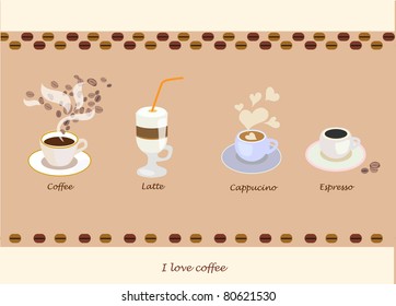 El conjunto de bebidas para el café: café, capuchino, latte, espresso