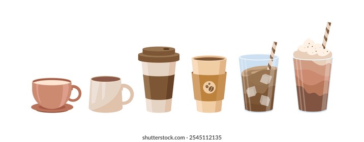 Set of coffee drinks. Cups with hot drinks and beverages. Cappuccino and mochaccino, latte. Cafe or coffe shop menu. Social media stickers. Flat vector collection isolated on white background