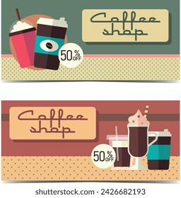 Set of coffee drinks cups in retro style. Vintage vector illustration for banner, flyer and coupon. Nostalgia 60s, 70s, 80s. Coffee house collection