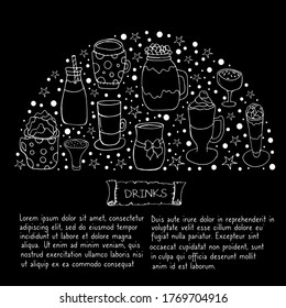 Set of coffee drinks.  Coffee drinks in Doodle style.   Festive tableware for the New year's holiday.Vector isolated illustration with coffee and tea on a black background.