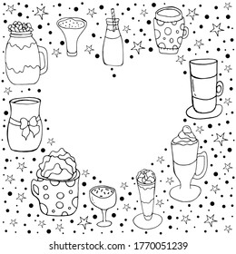 Un juego de bebidas para el café.  Bebidas de café a la manera de Doodle. Ilustración vectorial aislada con café y té en un fondo blanco.Vajilla festiva para las vacaciones de Año Nuevo.