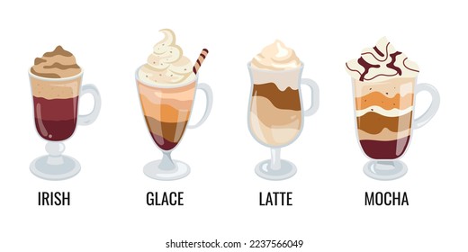 Set of Coffee drinks in glass mugs. Сoffee with Cream. Vector illustration.