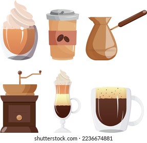 Set of coffee drinks icon vector illustration. Glass, creme, takeaway, coffee grinder. Refreshing morning hot drink for energy